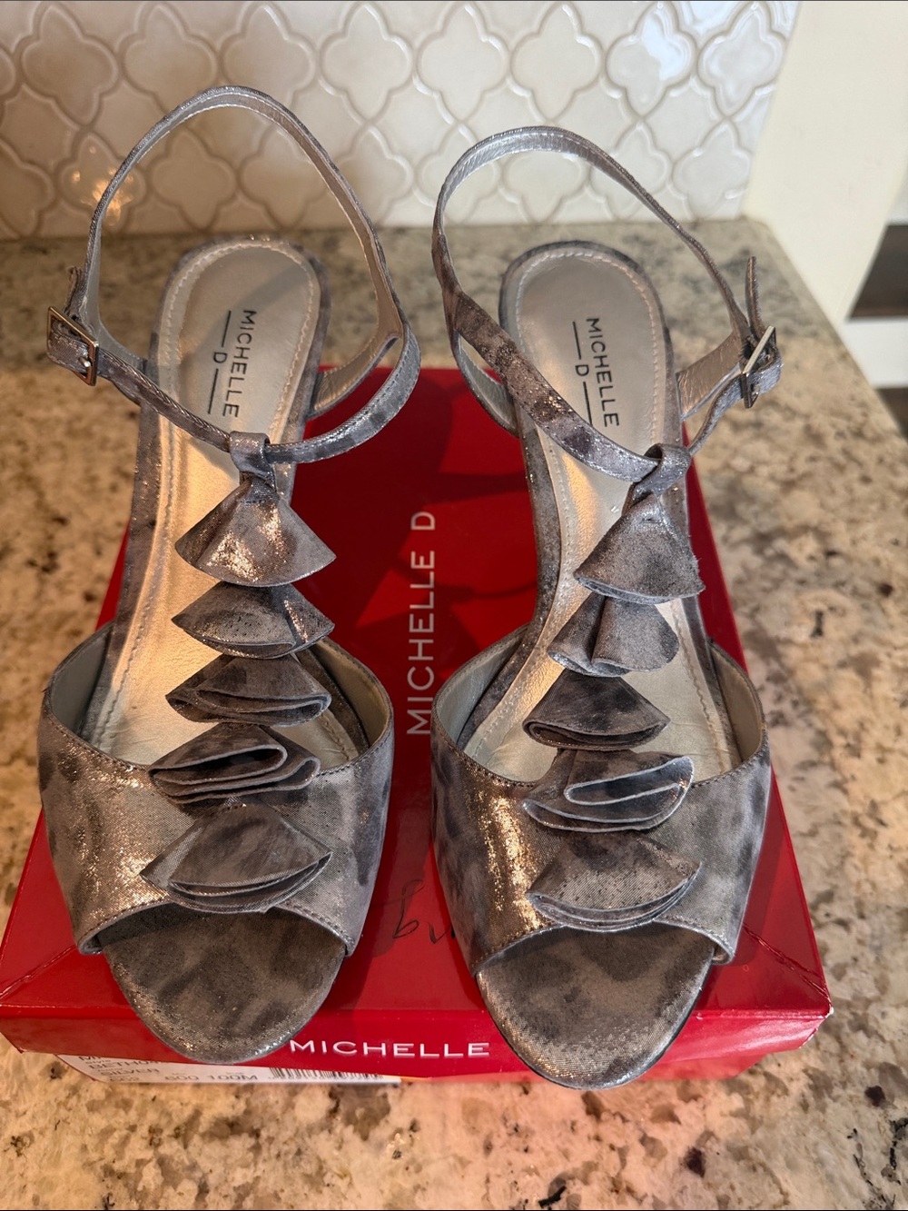 Michelle D Metallic Silver Ruffle Front Open-Toe Heels - Picture 3 of 5